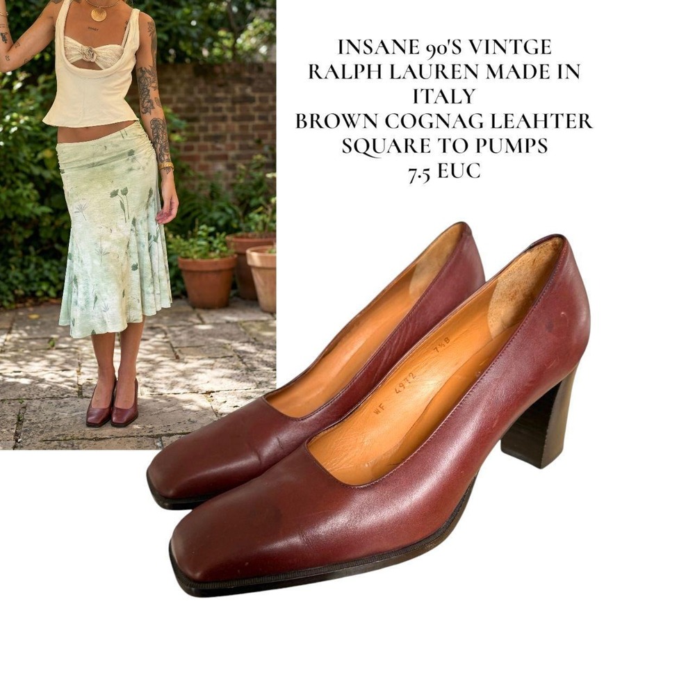 INSANE 90'S VTG. RALPH LAUREN MADE IN ITALY BROWN COGNAC LEATHER PUMPS 7.5 EUC